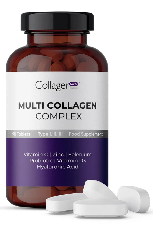 Collagen Forte Platinum Multi Collagen Complex, Hyaluronic Acid, Zinc, Selenium, Vitamin Ce - D3 & Probiotic, 90 Tablets - Lujain Beauty