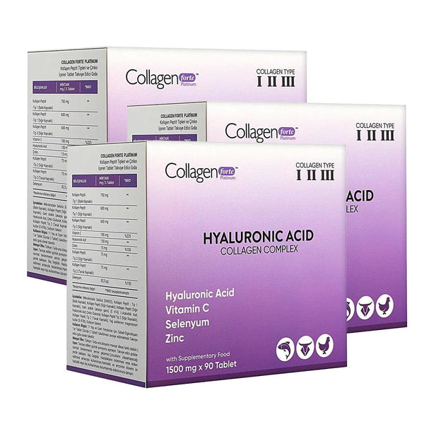 Collagen Forte Platinum Premium Hyaluronic Acid Fish, Bovine & Chicken Originated Collagen Complex 1500mg 90 Tablets X3 - Lujain Beauty