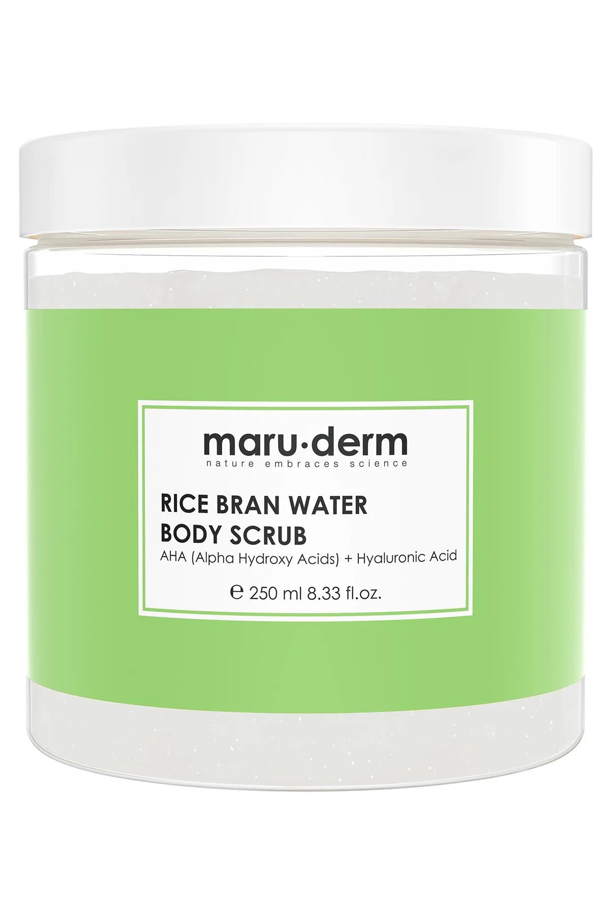 مقشر الجسم بماء الأرز مع أحماض ألفاهيدروكسي  AHA + حمض الهيالورونيك – 250 مل | Maru Derm