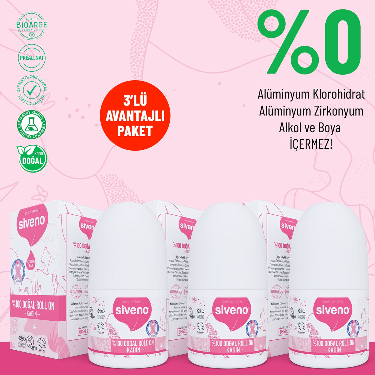 Siveno Natural Women's Roll-On Deodorant 50 ml - 3 Pieces - Lujain Beauty