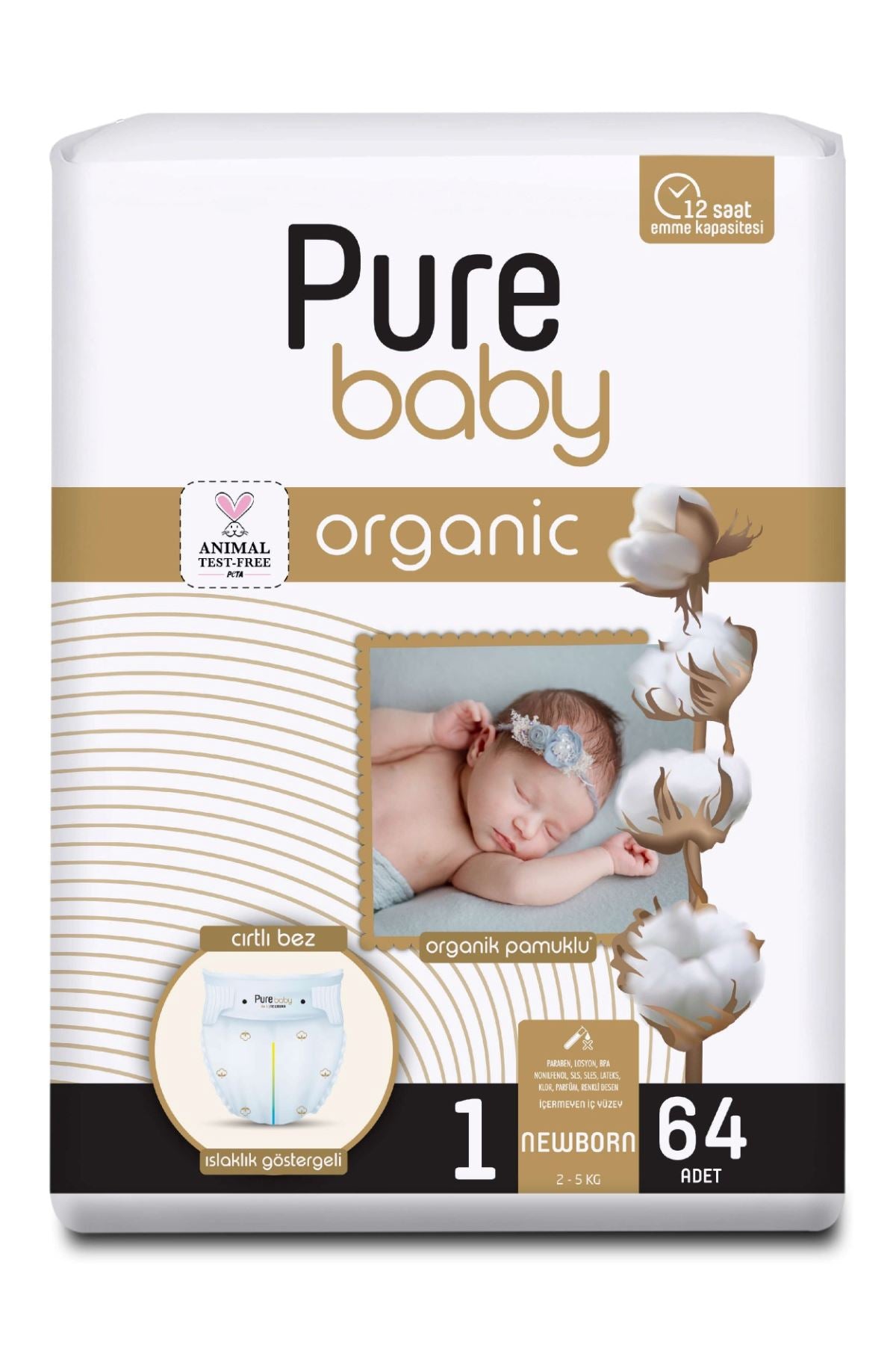 Pure Baby Organic Cotton Velcro Diapers Size 1  Newborn 64 Pieces
