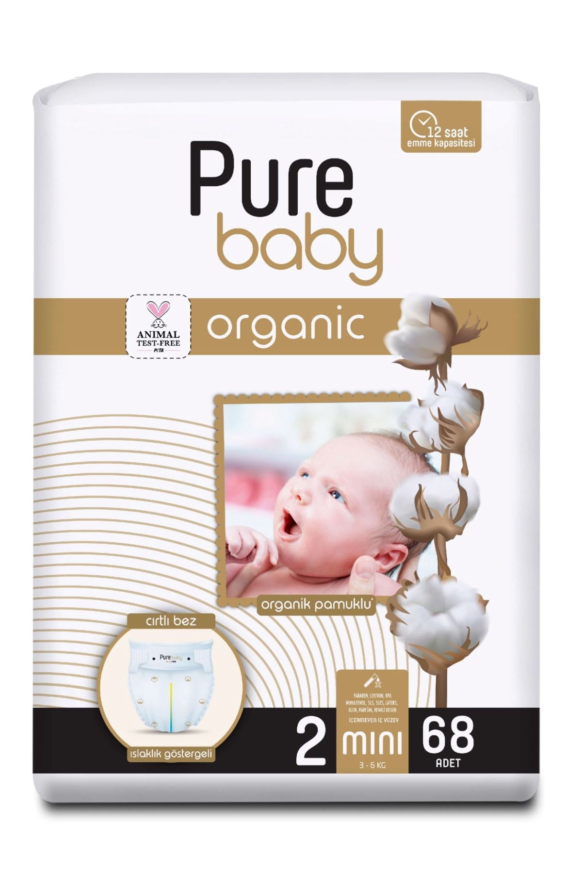 Pure Baby Organic Cotton Velcro Diapers Size 2 Mini 68 Pieces