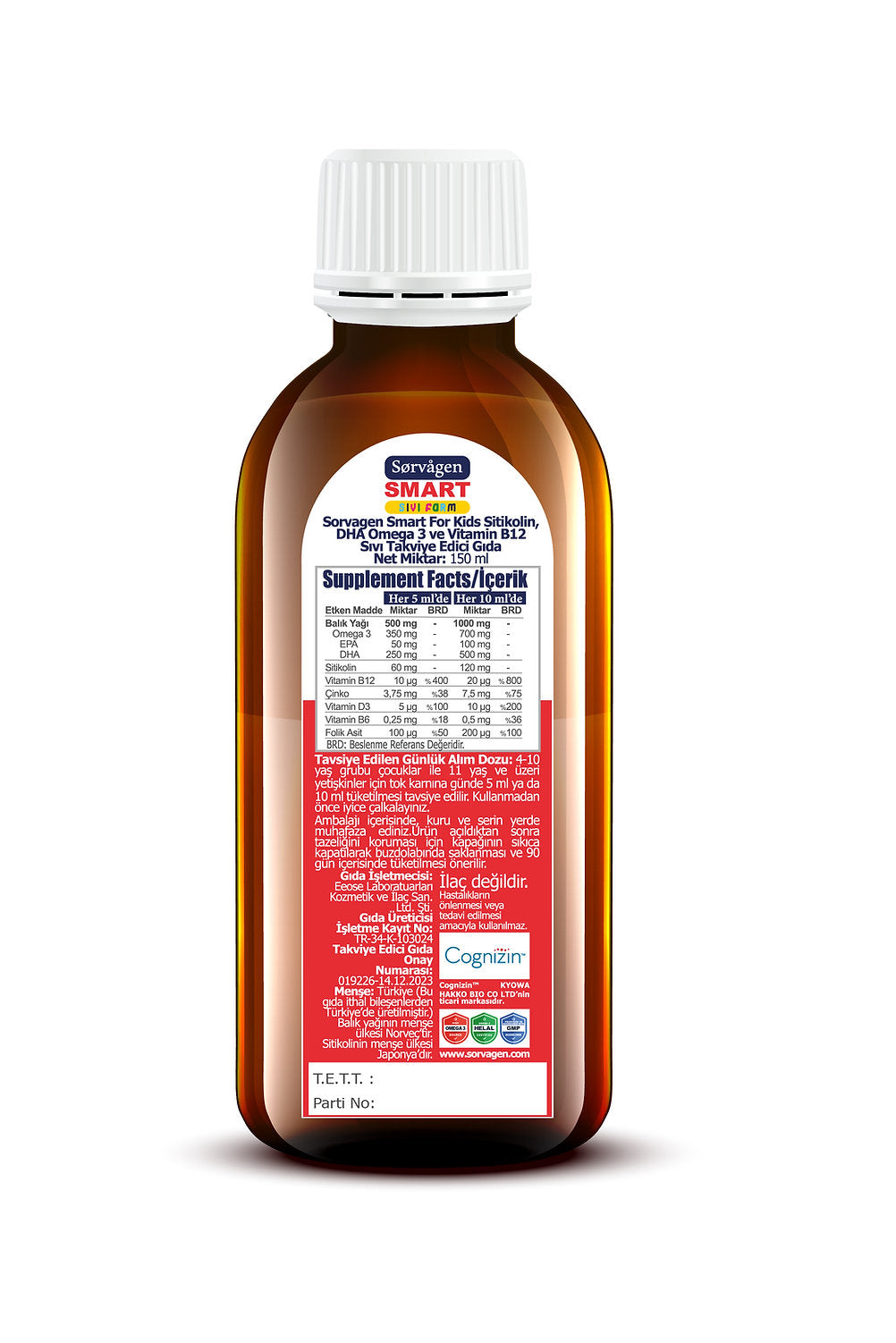 Sorvagen Smart Kids Liquid Form Citicoline DHA Omega 3 Norwegian Fish Oil and B12