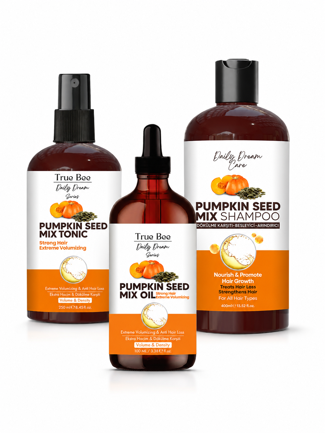 True Bee Pumpkin Seed Complete Hair Care Set - Shampoo, Tonic & Oil
