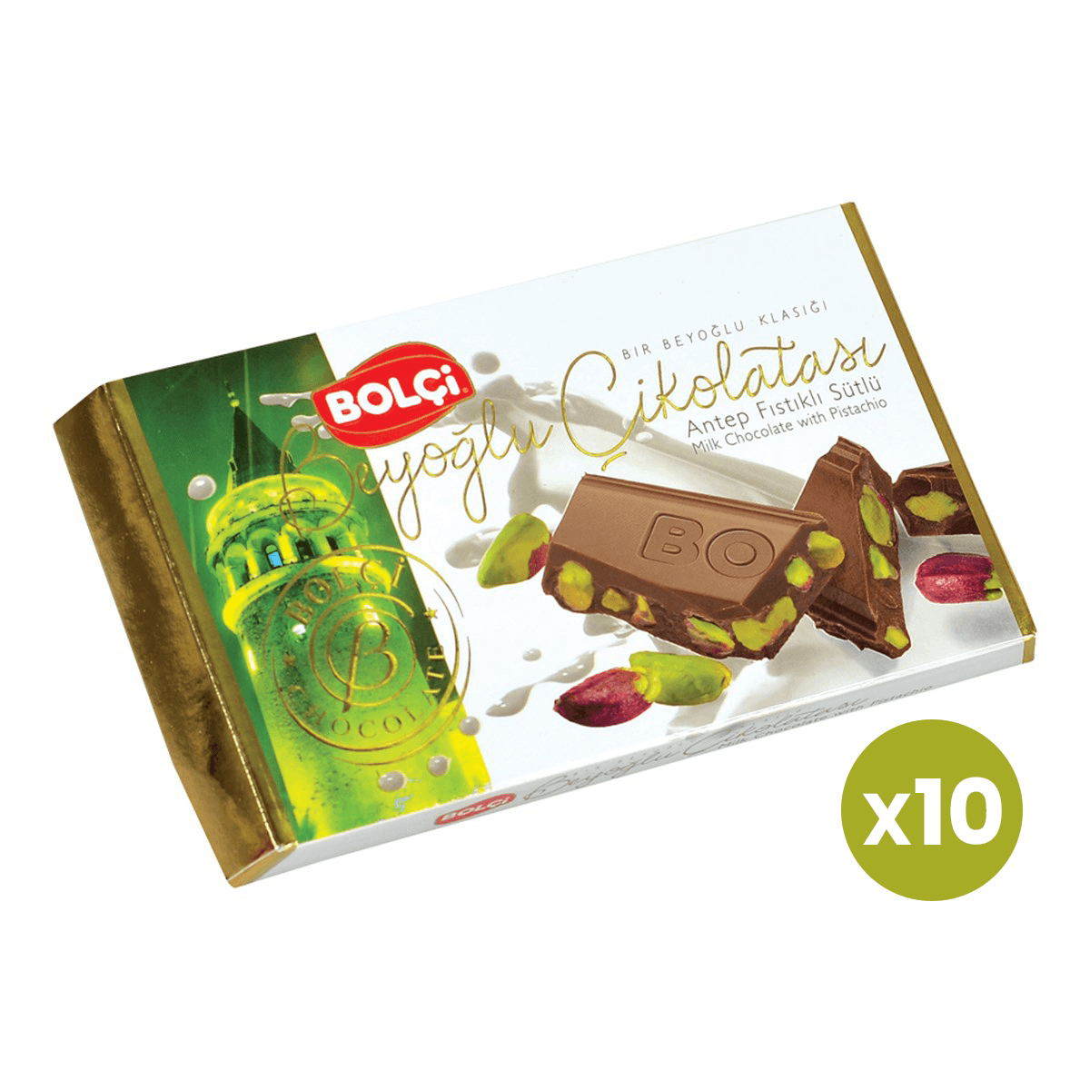 Bolci Beyoğlu Chocolate with Pistachio and Milk – Box of 10 - 150 g × 10 - Lujain Beauty