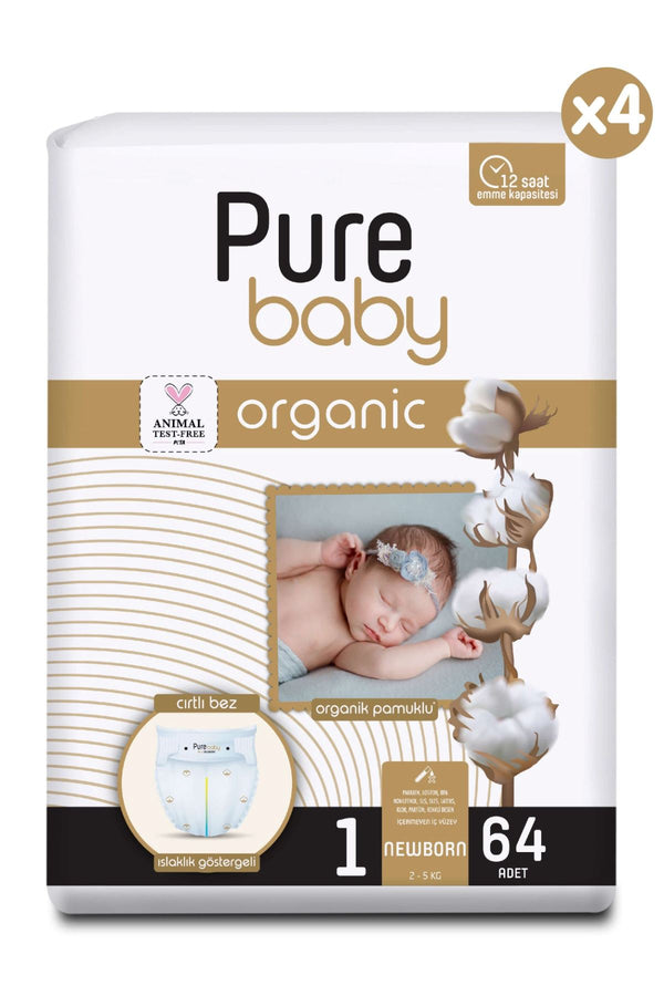 حفاضات فيلكرو من القطن العضوي من بيور بيبي مقاس X4  مقاس 1 لحديثي الولادة  256 قطعة | Pure Baby