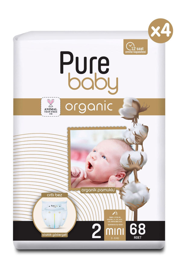 Pure Baby Organic Cotton Velcro Diapers X4 Pack Size 2 Mini 272 Pieces