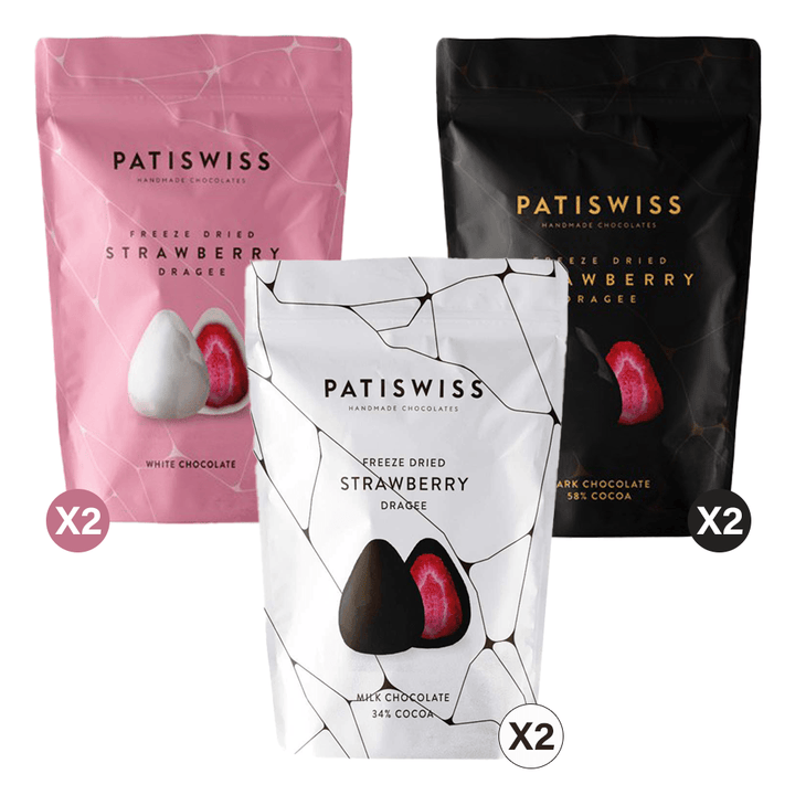 Milk, Dark and White Chocolate Covered Strawberry Dragee 80gr X 6 Pieces | Patiswiss - Lujain Beauty