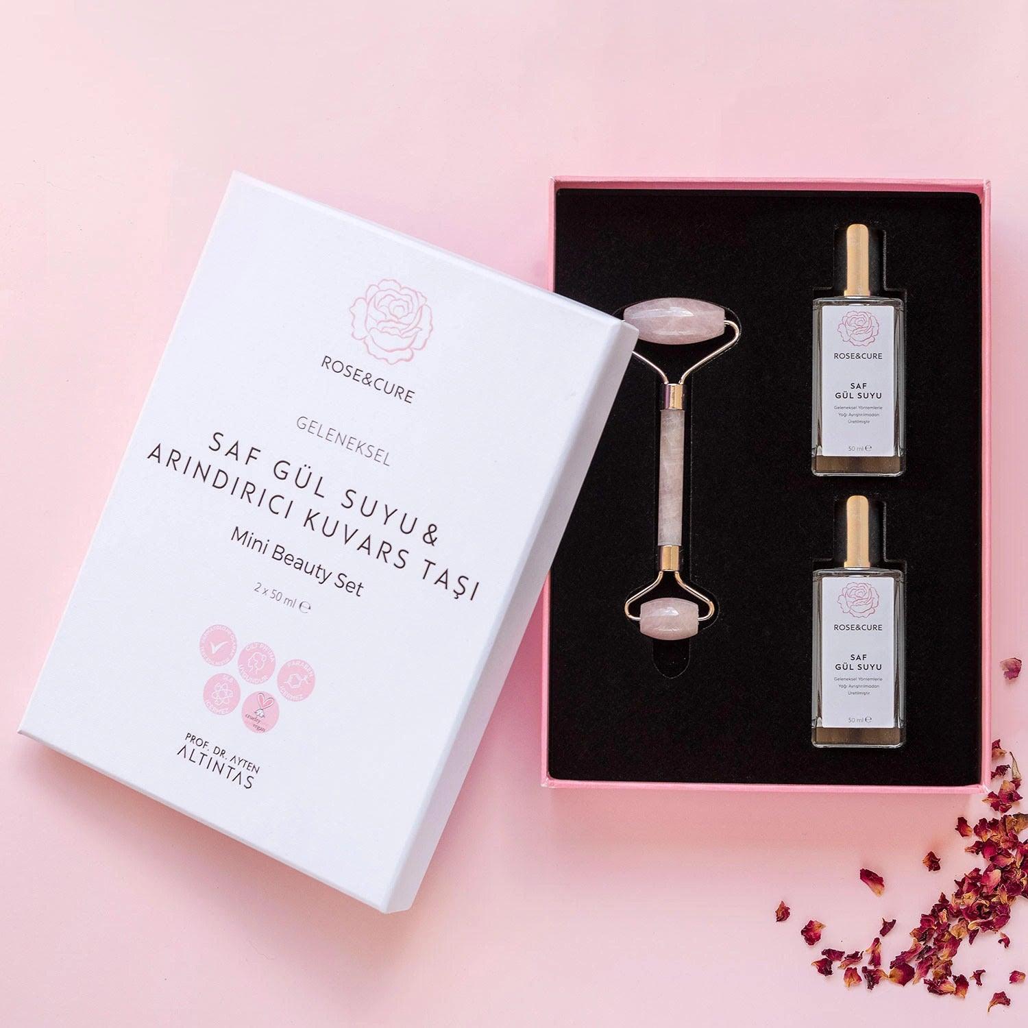Mini Beauty Set 50ml+50ml Pure Rose Water & Purifying Quartz Jade Roller Facial Massage Stone - Lujain Beauty