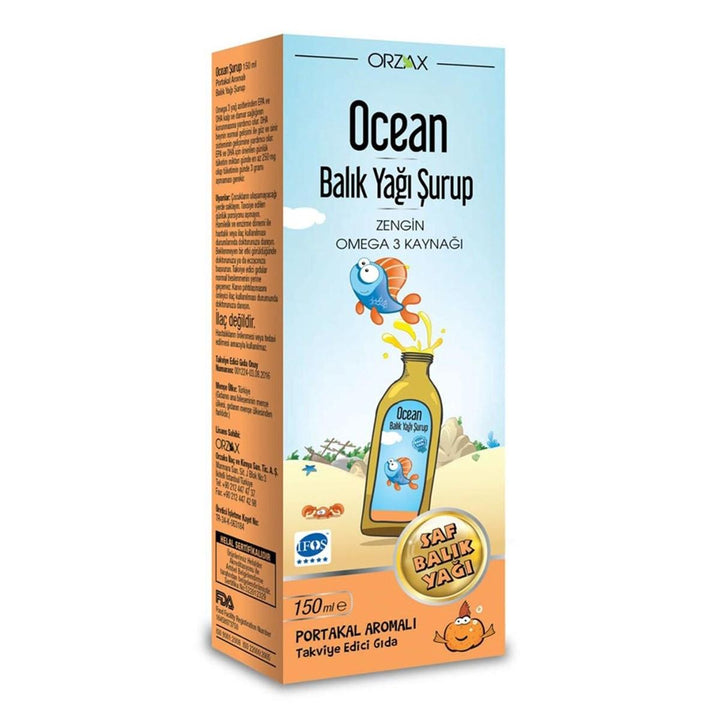 Orzax Ocean Omega-3 Fish Oil Syrup Orange Flavored 150 ML - Lujain Beauty